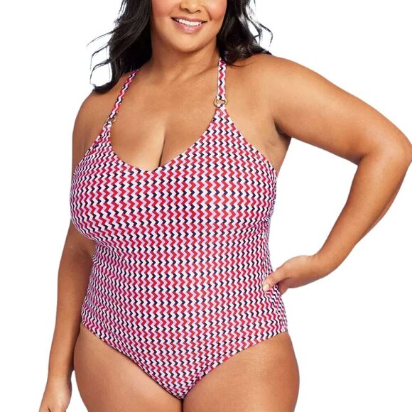 Kona Sol NWT Red White Blue Ring One Piece Built-In Bra Swimsuit Plus Size 22 - Picture 1 of 9